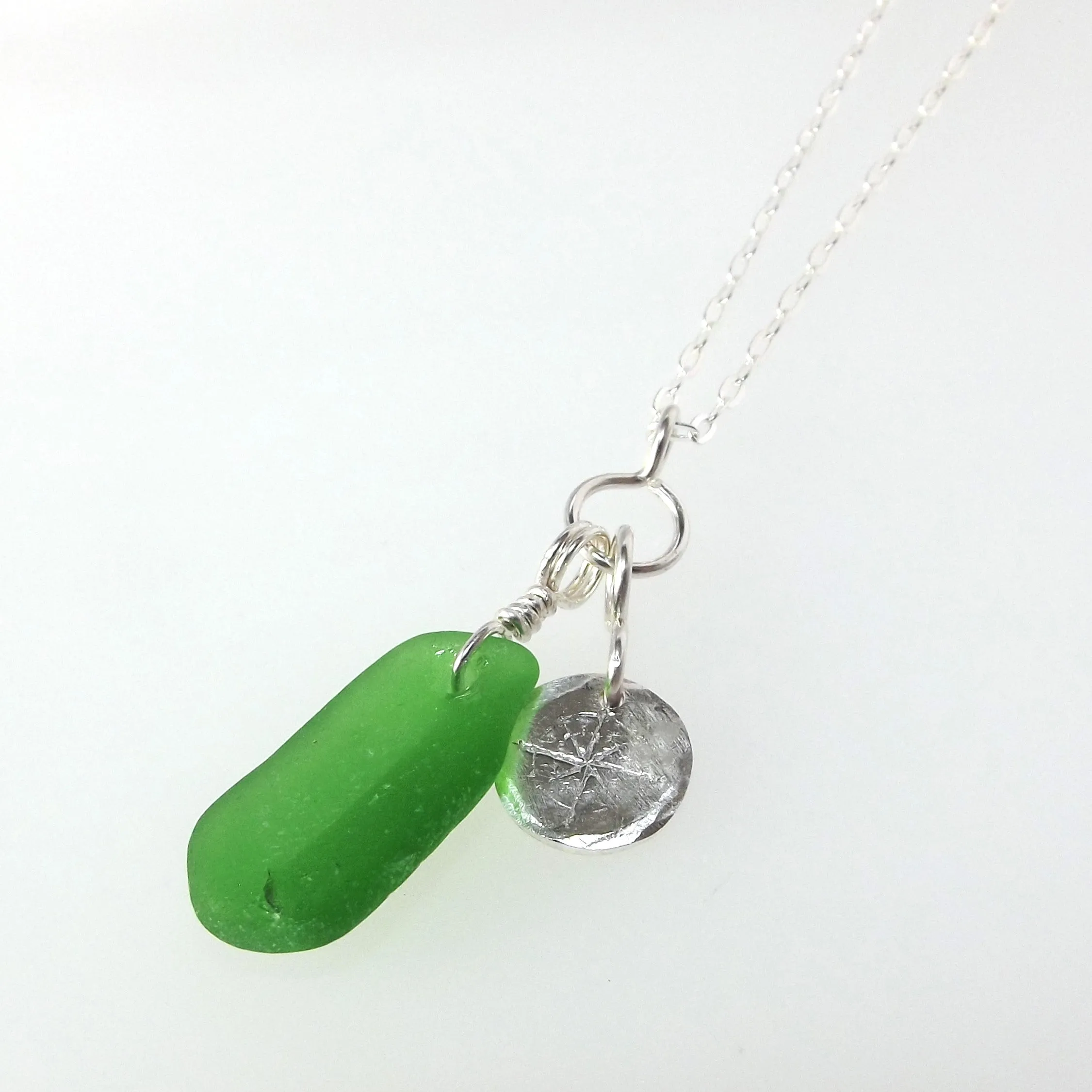 Emerald Green Seaglass & Compass Necklace