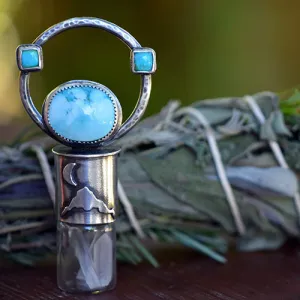 Essential Oil Rollerball Necklace - Mt. Hood & Crescent Moon Scene with Blue Moon & Sonoran Gold Turquoise