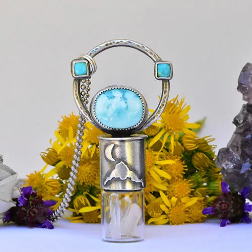 Essential Oil Rollerball Necklace - Mt. Hood & Crescent Moon Scene with Blue Moon & Sonoran Gold Turquoise