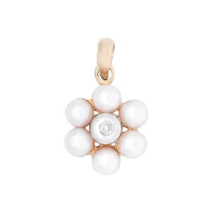 Estate 14k Pearl and Diamond Flower Pendant