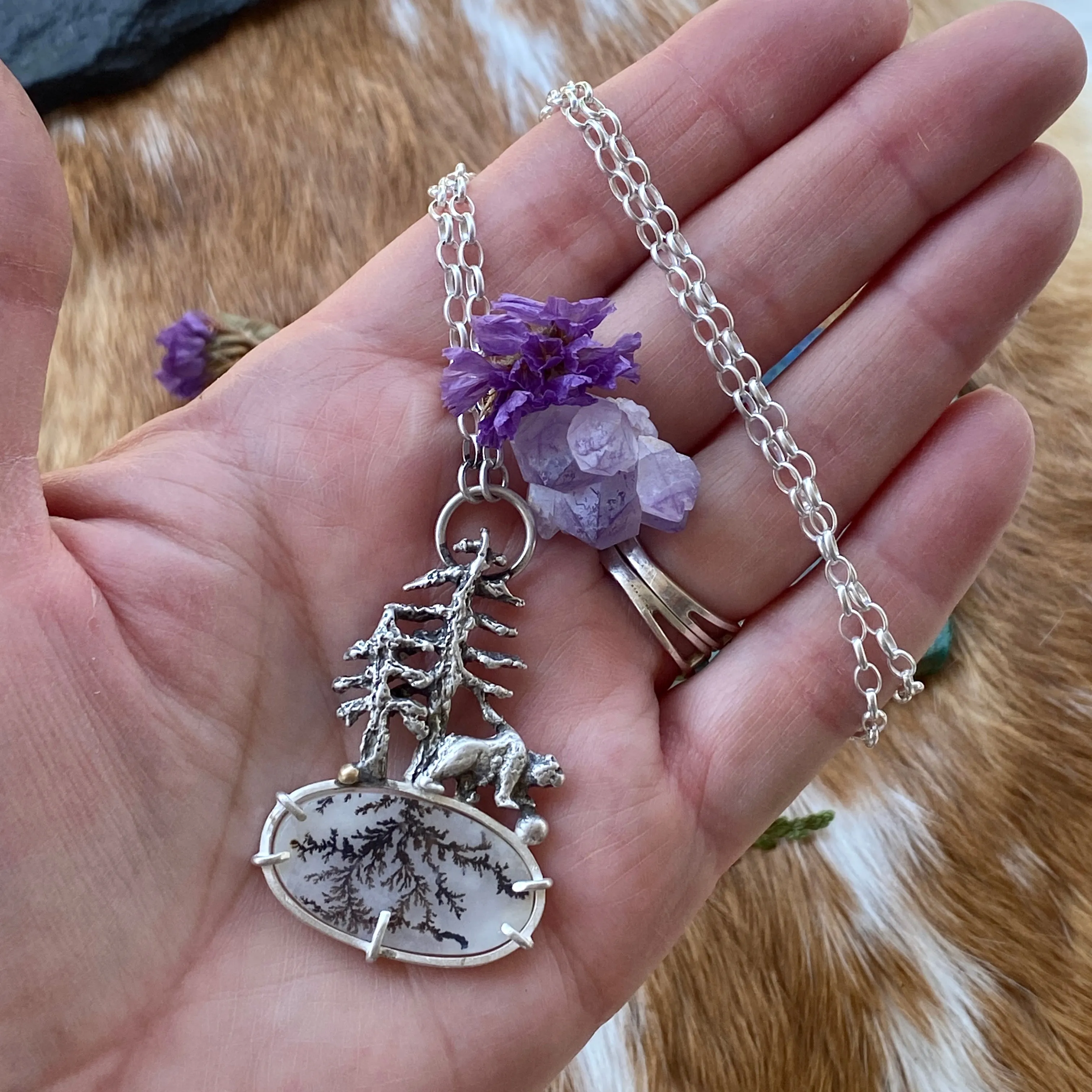 Explore your Roots Pines, Bear and Dendritic agate Bear sterling silver necklace