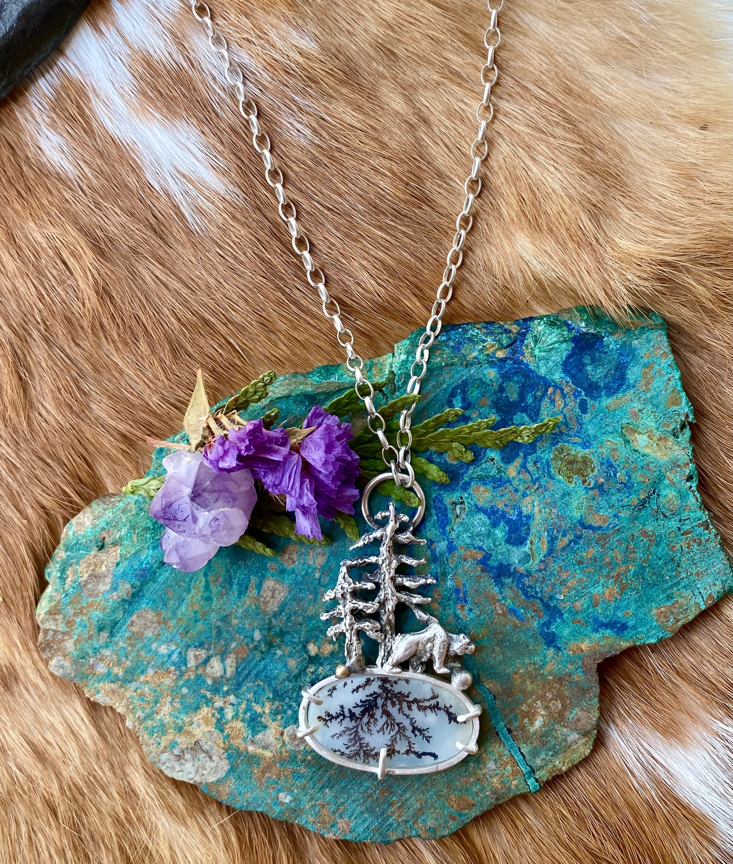 Explore your Roots Pines, Bear and Dendritic agate Bear sterling silver necklace