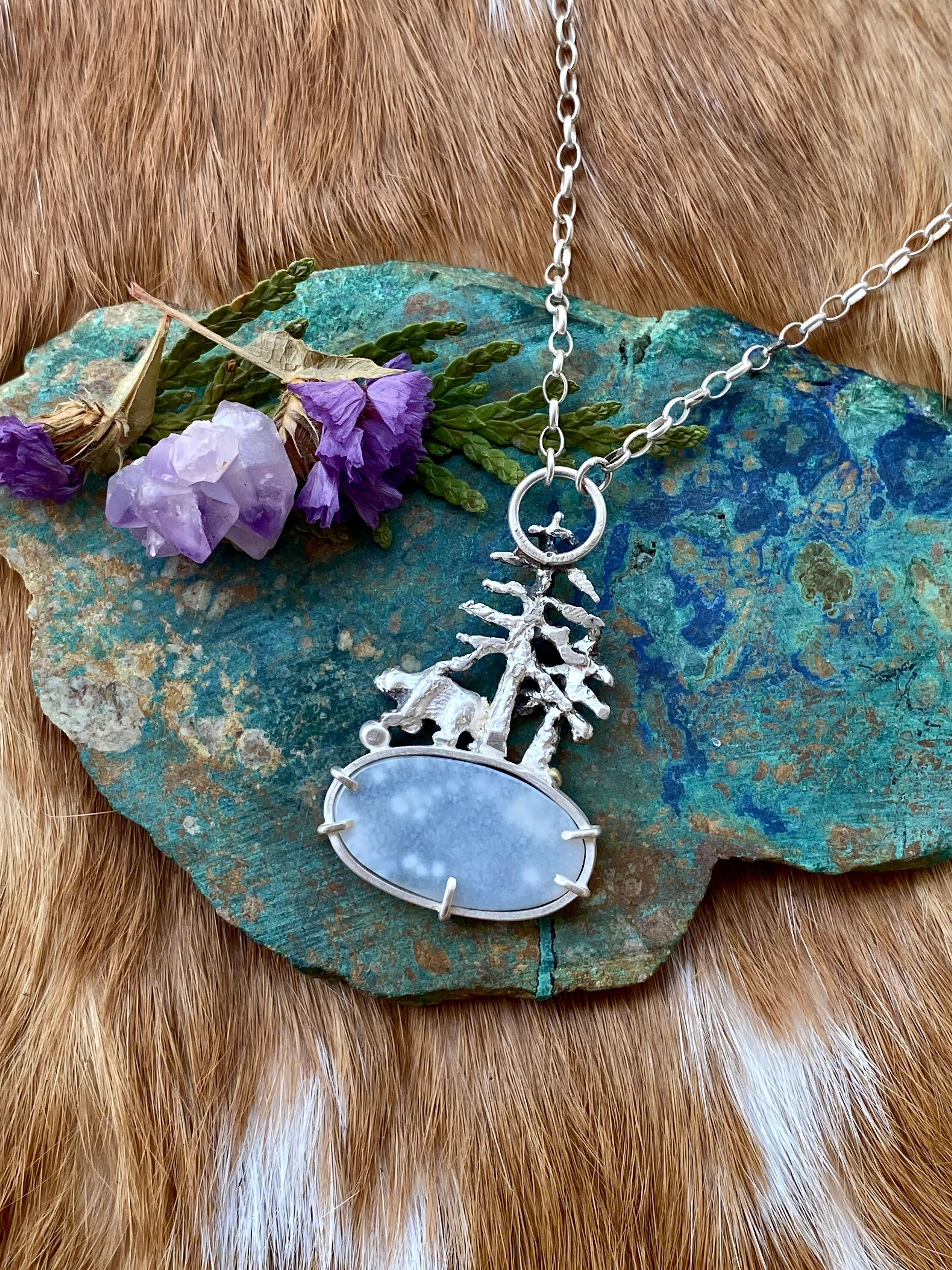 Explore your Roots Pines, Bear and Dendritic agate Bear sterling silver necklace