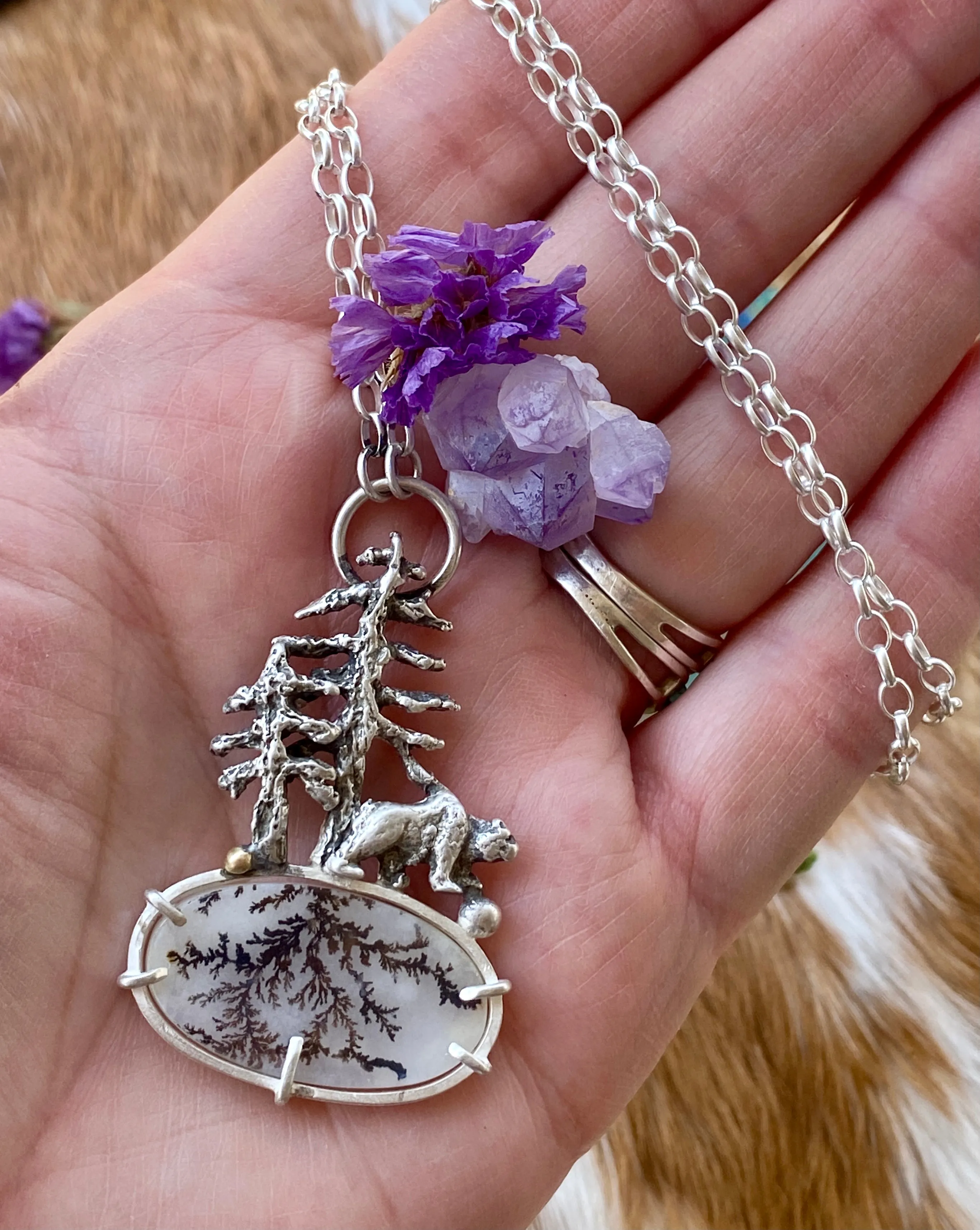 Explore your Roots Pines, Bear and Dendritic agate Bear sterling silver necklace