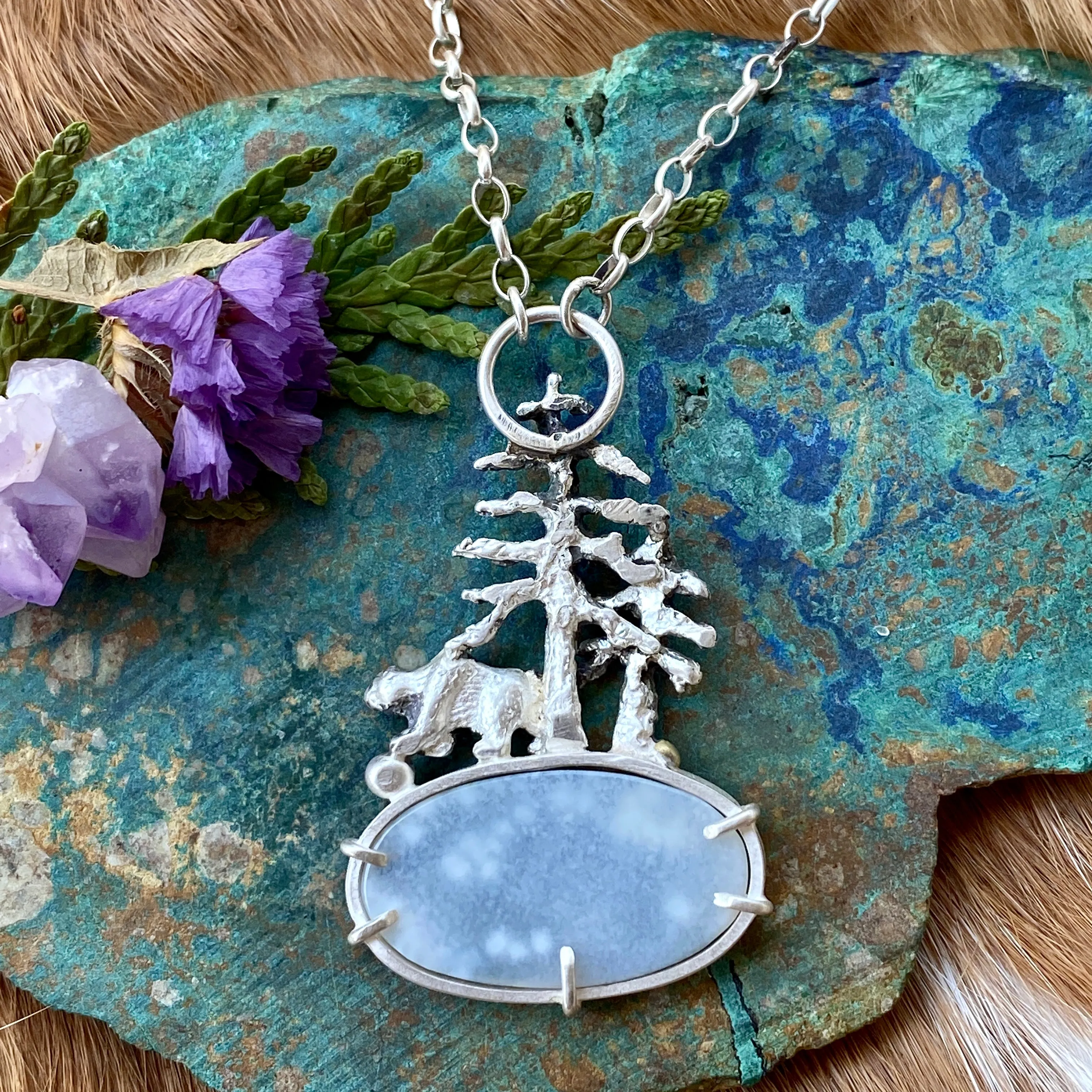 Explore your Roots Pines, Bear and Dendritic agate Bear sterling silver necklace