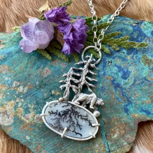 Explore your Roots Pines, Bear and Dendritic agate Bear sterling silver necklace