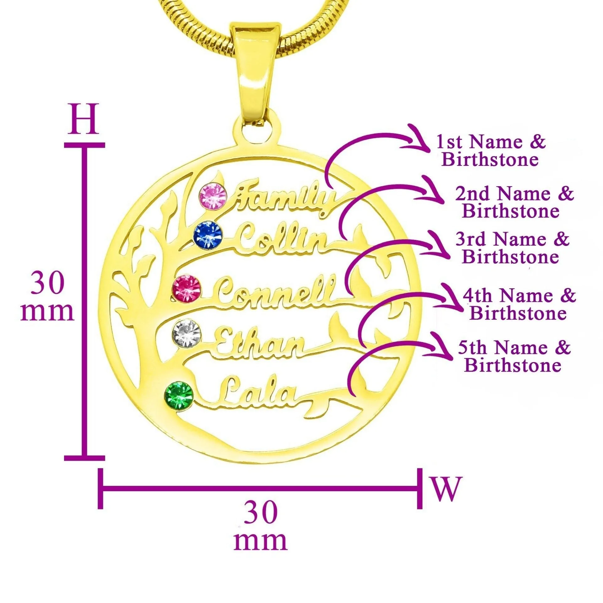 Family Tree Name Necklace (Birthstones Optional)