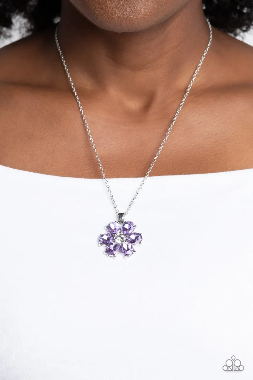 Fancy Flower Girl - Purple - Large Rhinestone Flower Pendant Paparazzi Short Necklace