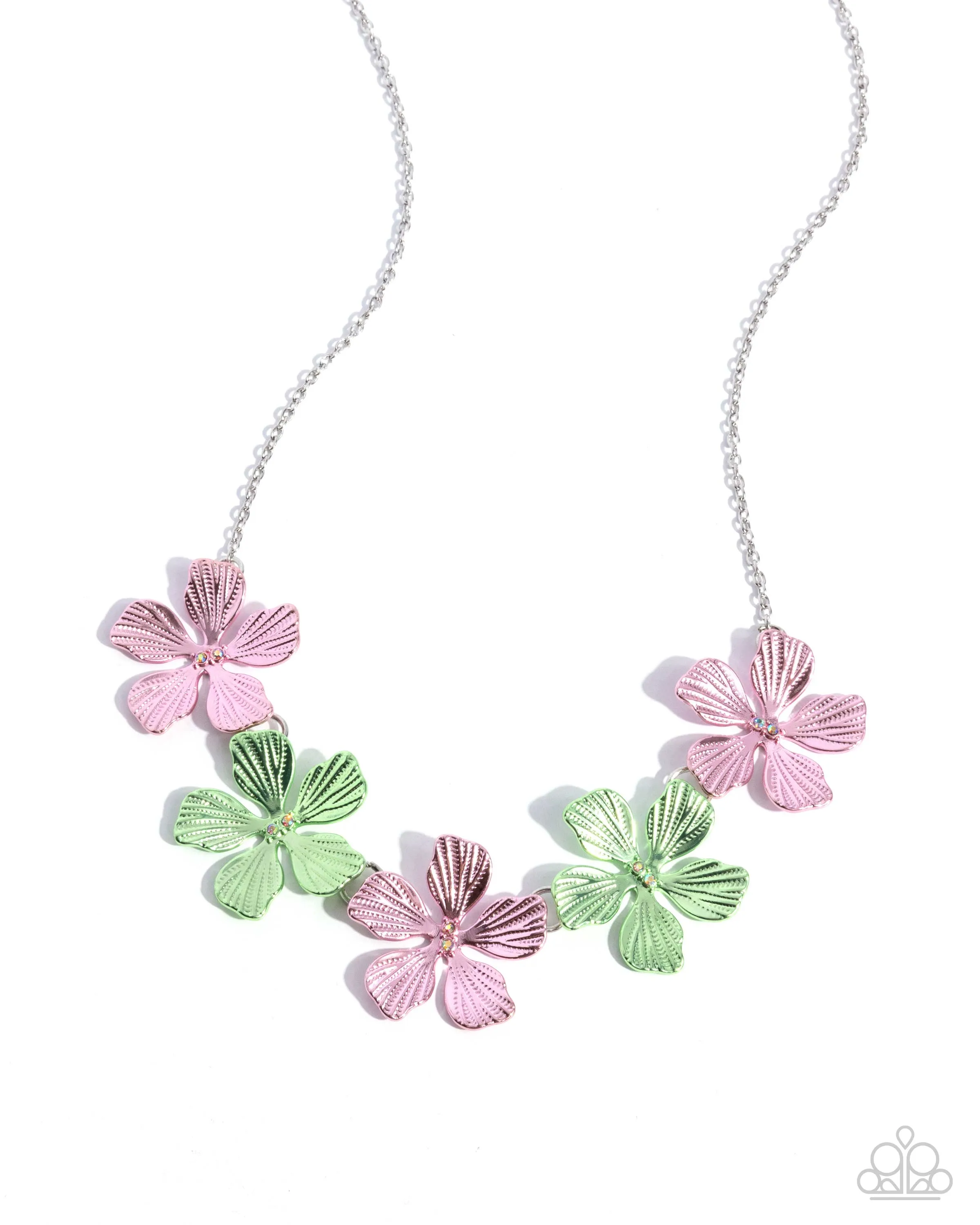 Featured Finesse - Pink - and Green Pearly Painted Flower Paparazzi Short Necklace