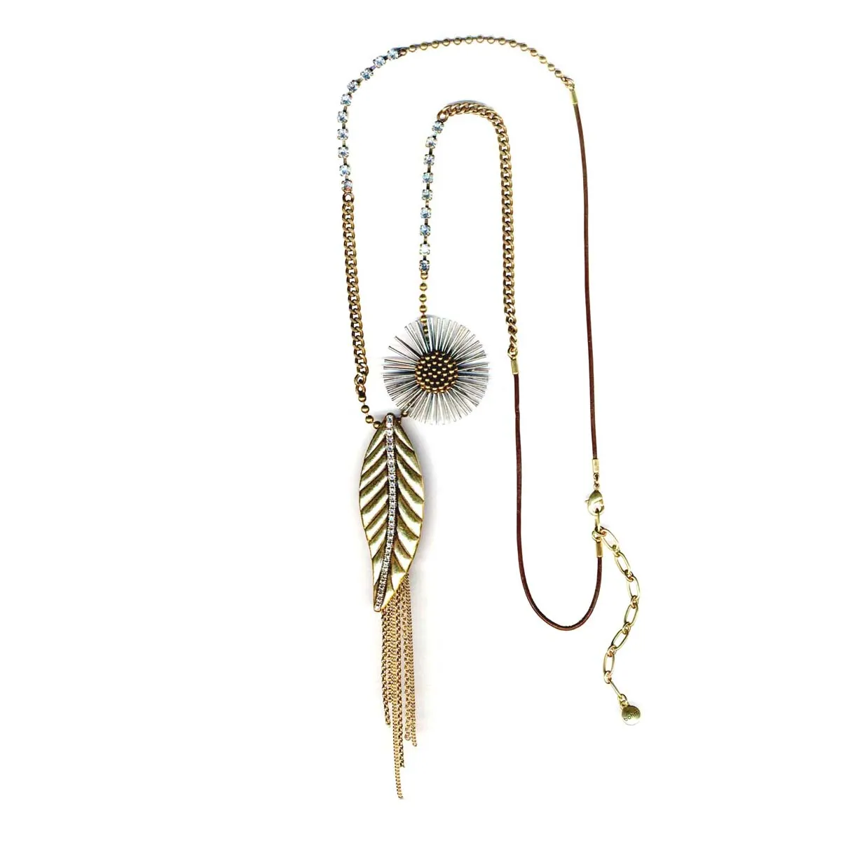 FLOWER AND LEAF CHARM WHITE CRYSTAL NECKLACE #272GS1201 (7C6)
