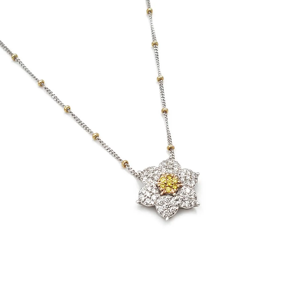 Flower Design White and Yellow Diamond Pendant