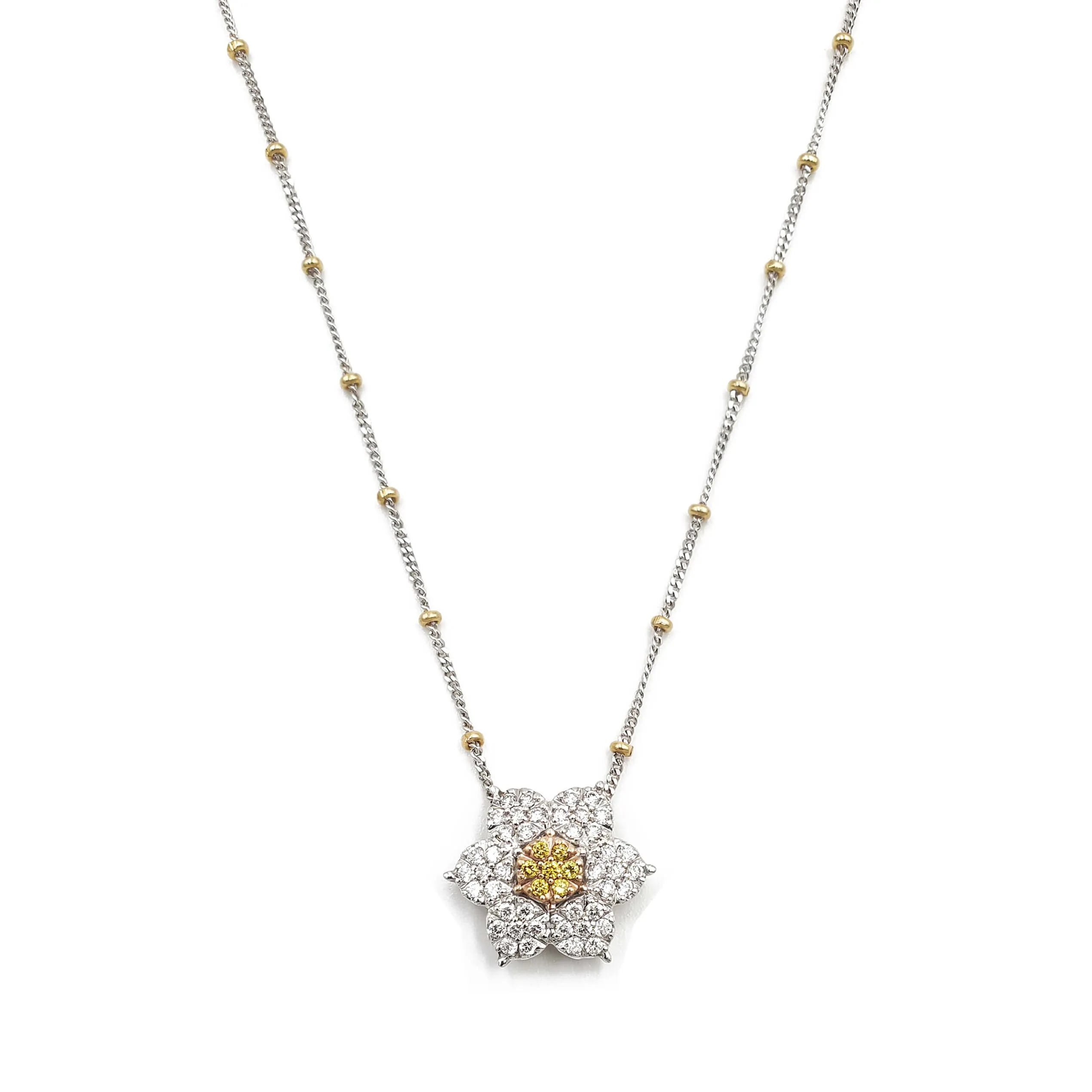 Flower Design White and Yellow Diamond Pendant