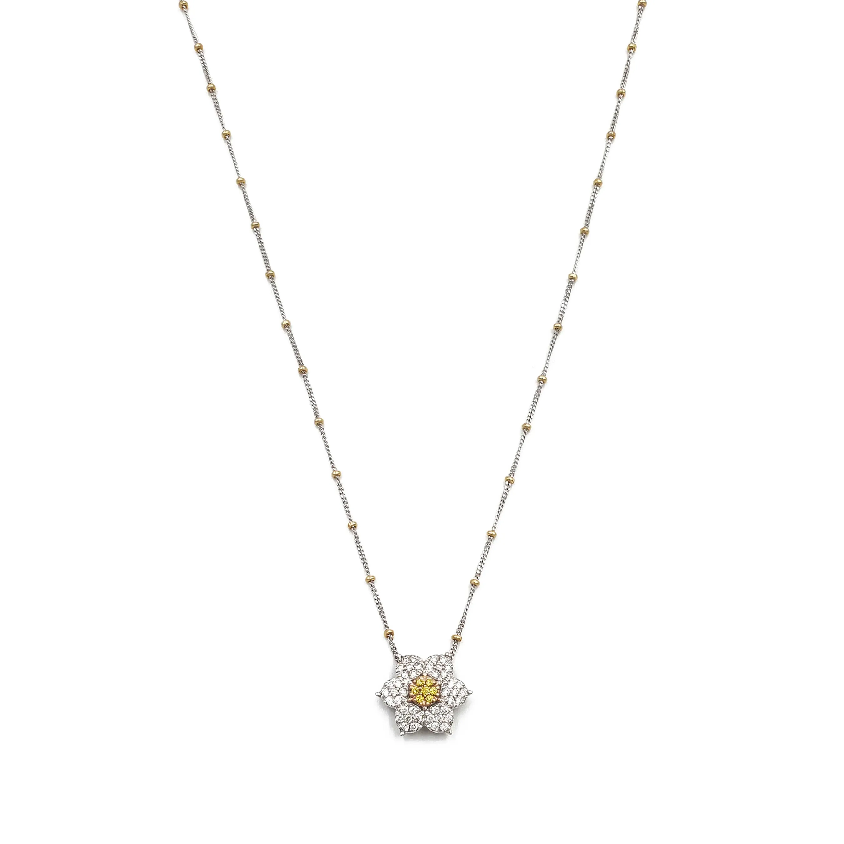 Flower Design White and Yellow Diamond Pendant