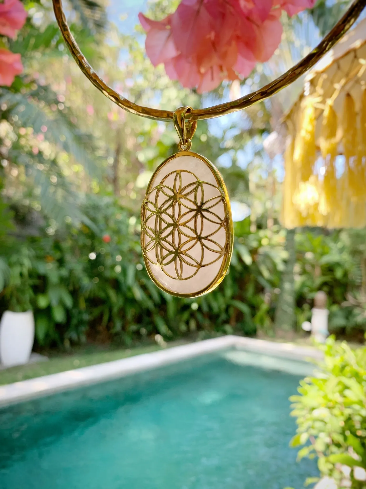 Flower Of Life - Rose Quartz  touch stone anxiety relief pendant