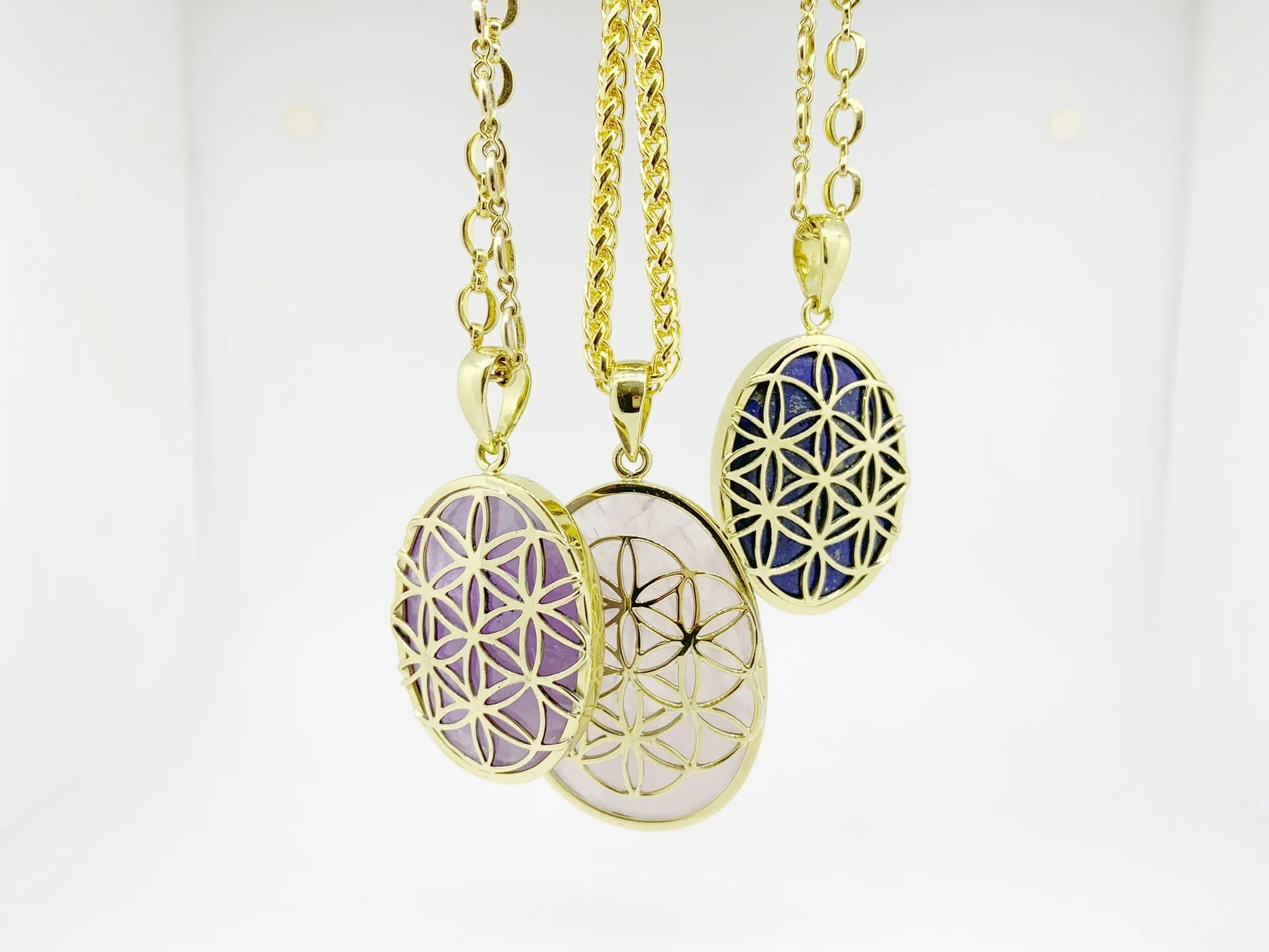 Flower Of Life - Rose Quartz  touch stone anxiety relief pendant