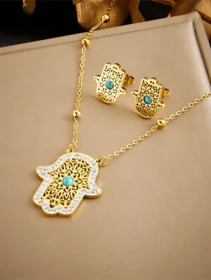 Flower Palm Turquoise Pendant Necklace And Earrings Jewelry Set