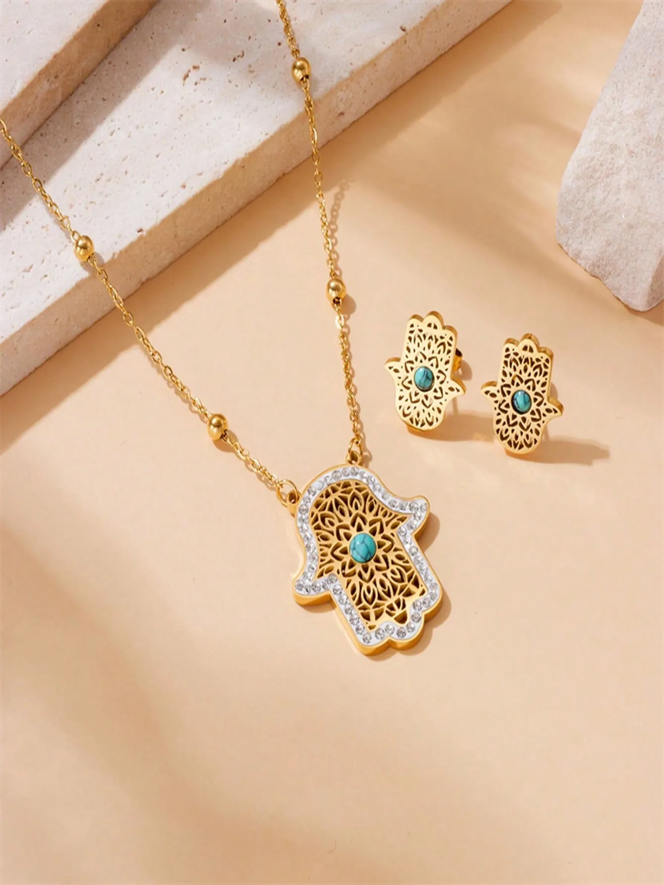 Flower Palm Turquoise Pendant Necklace And Earrings Jewelry Set