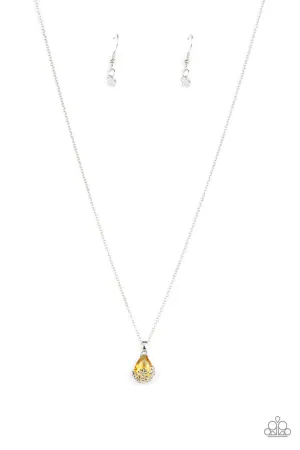 Flower Patch Fabulous - Yellow - Teardrop Rhinestone Flower Cutout Paparazzi Short Necklace