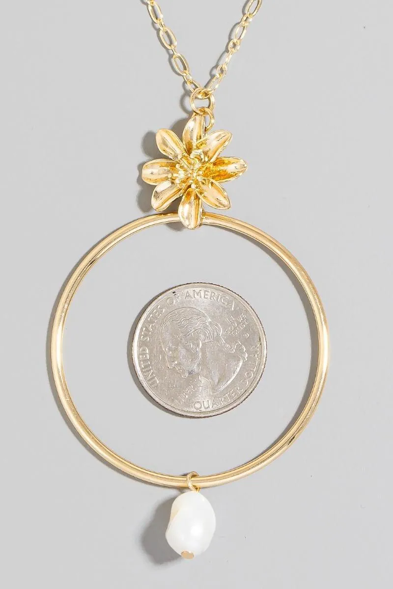 Flower Pearl And Large Hoop Pendant Layered Necklace Set
