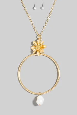 Flower Pearl And Large Hoop Pendant Layered Necklace Set
