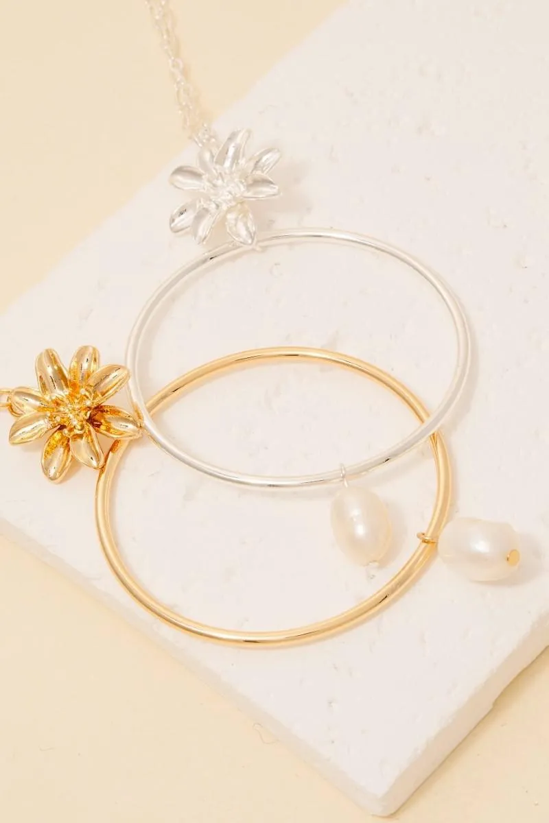Flower Pearl And Large Hoop Pendant Layered Necklace Set