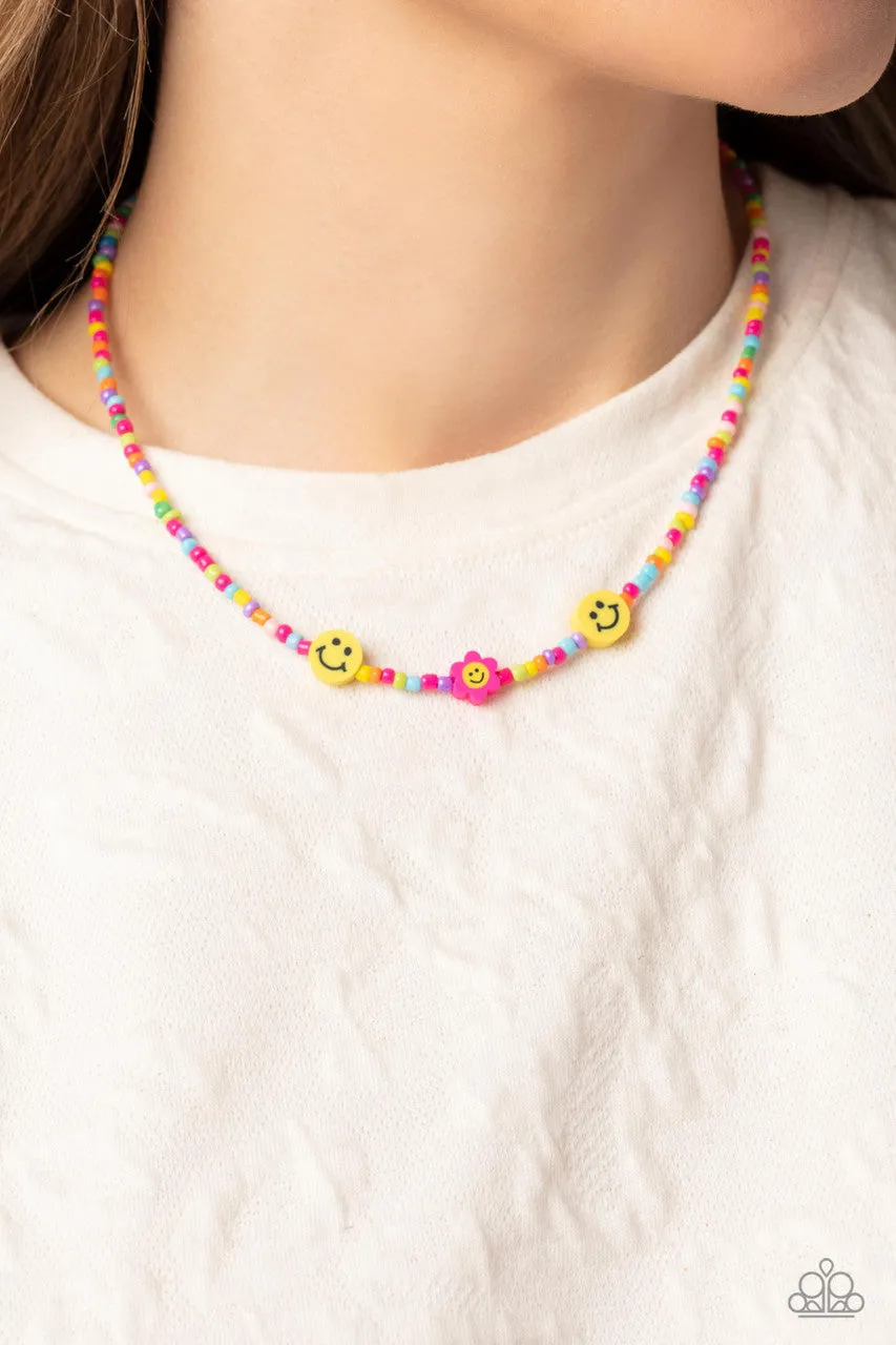 Flower Power Pageant - Pink - Multicolored Seed Bead Smiley Face Paparazzi Short Necklace