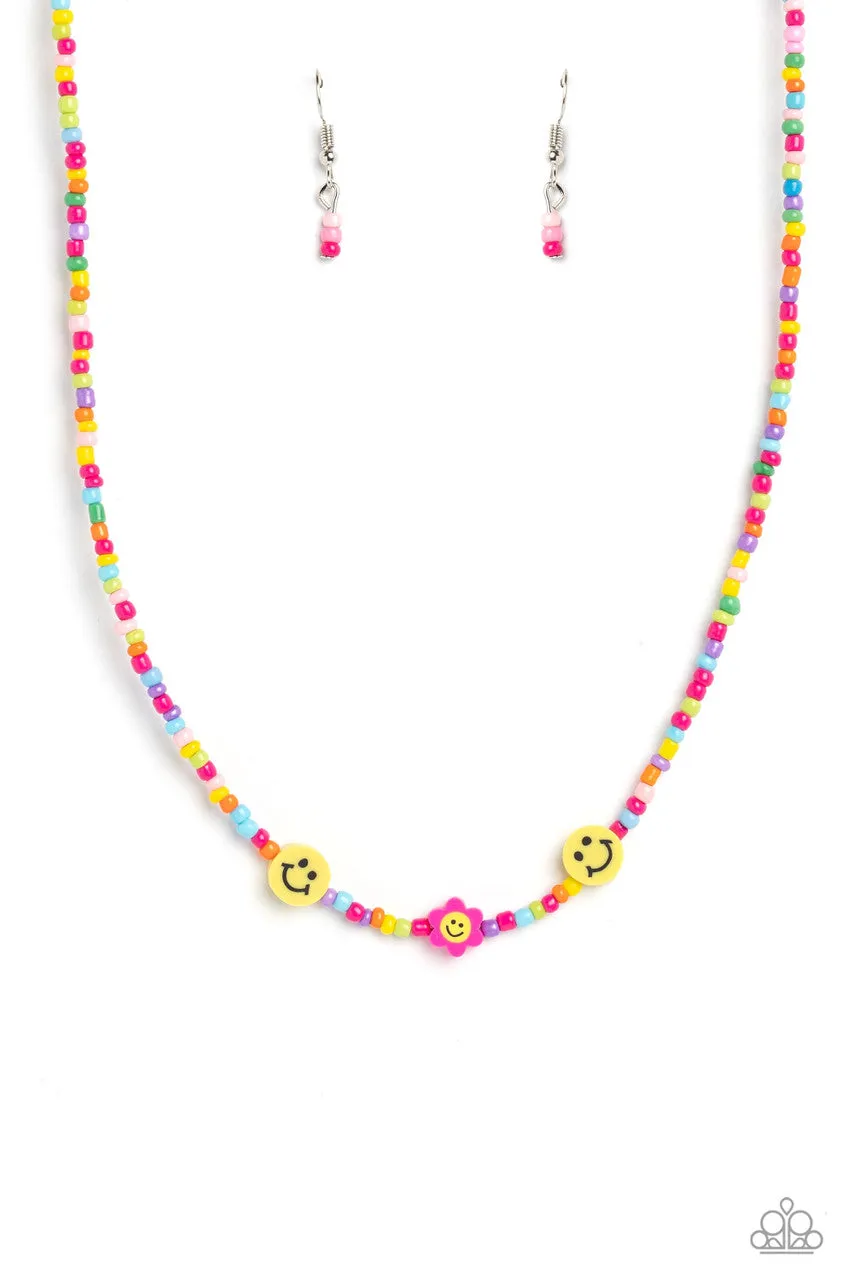 Flower Power Pageant - Pink - Multicolored Seed Bead Smiley Face Paparazzi Short Necklace