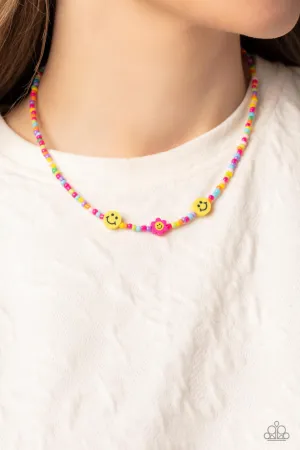 Flower Power Pageant - Pink - Multicolored Seed Bead Smiley Face Paparazzi Short Necklace