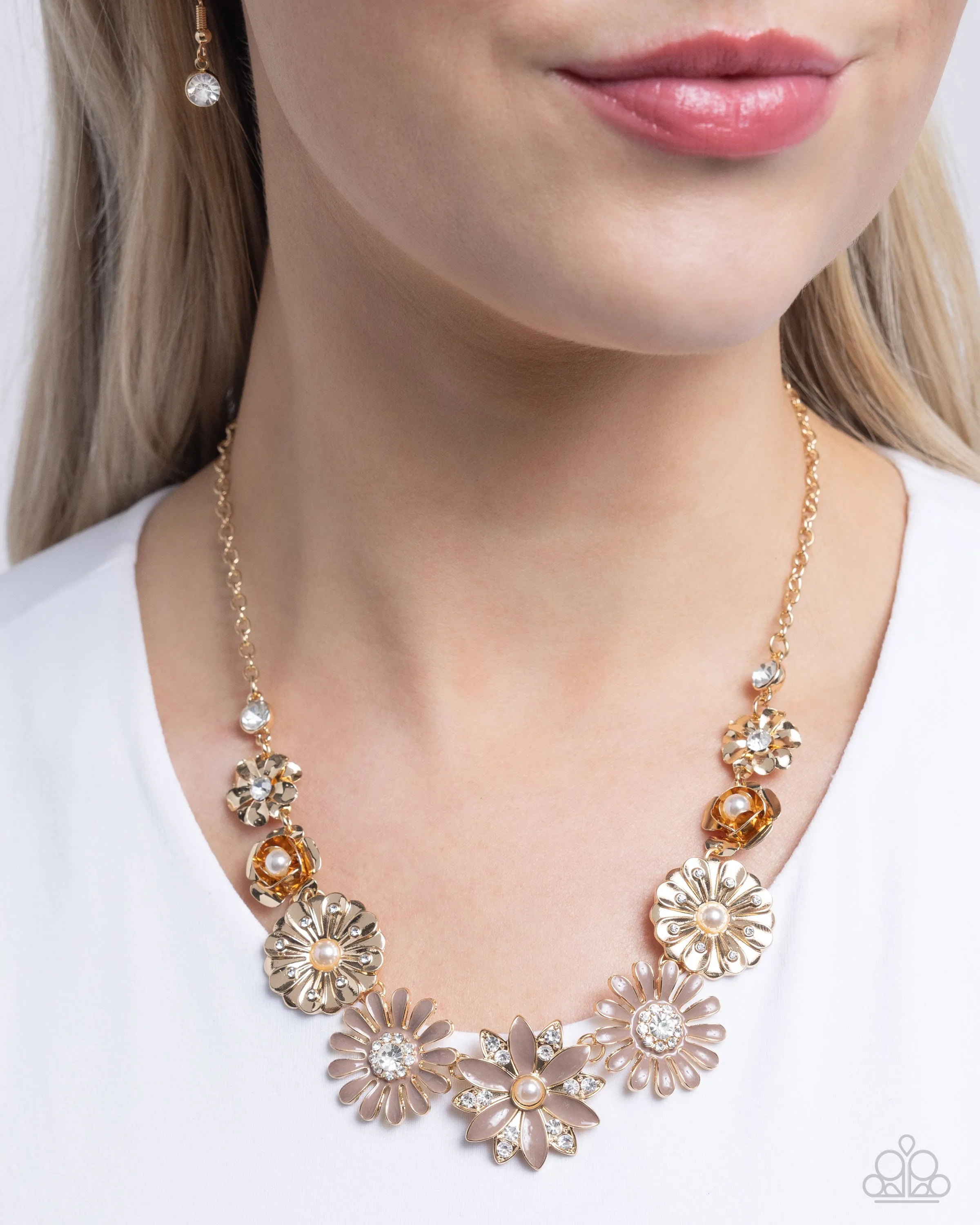 Garden Gesture - Brown - Painted Gold Flower White Pearl and Rhinestone Paparazzi Short Necklace