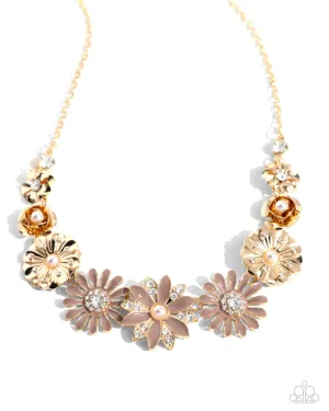 Garden Gesture - Brown - Painted Gold Flower White Pearl and Rhinestone Paparazzi Short Necklace