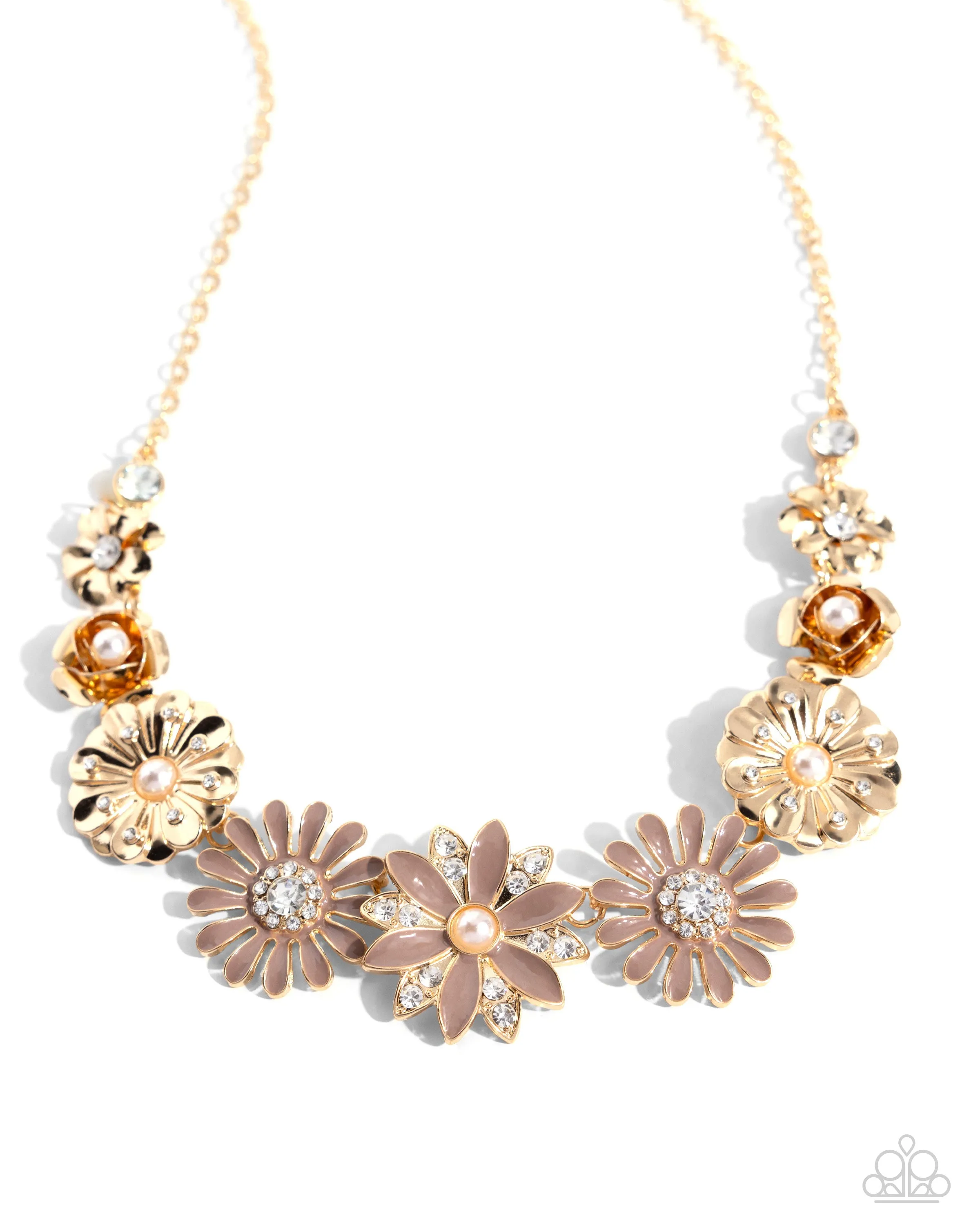 Garden Gesture - Brown - Painted Gold Flower White Pearl and Rhinestone Paparazzi Short Necklace