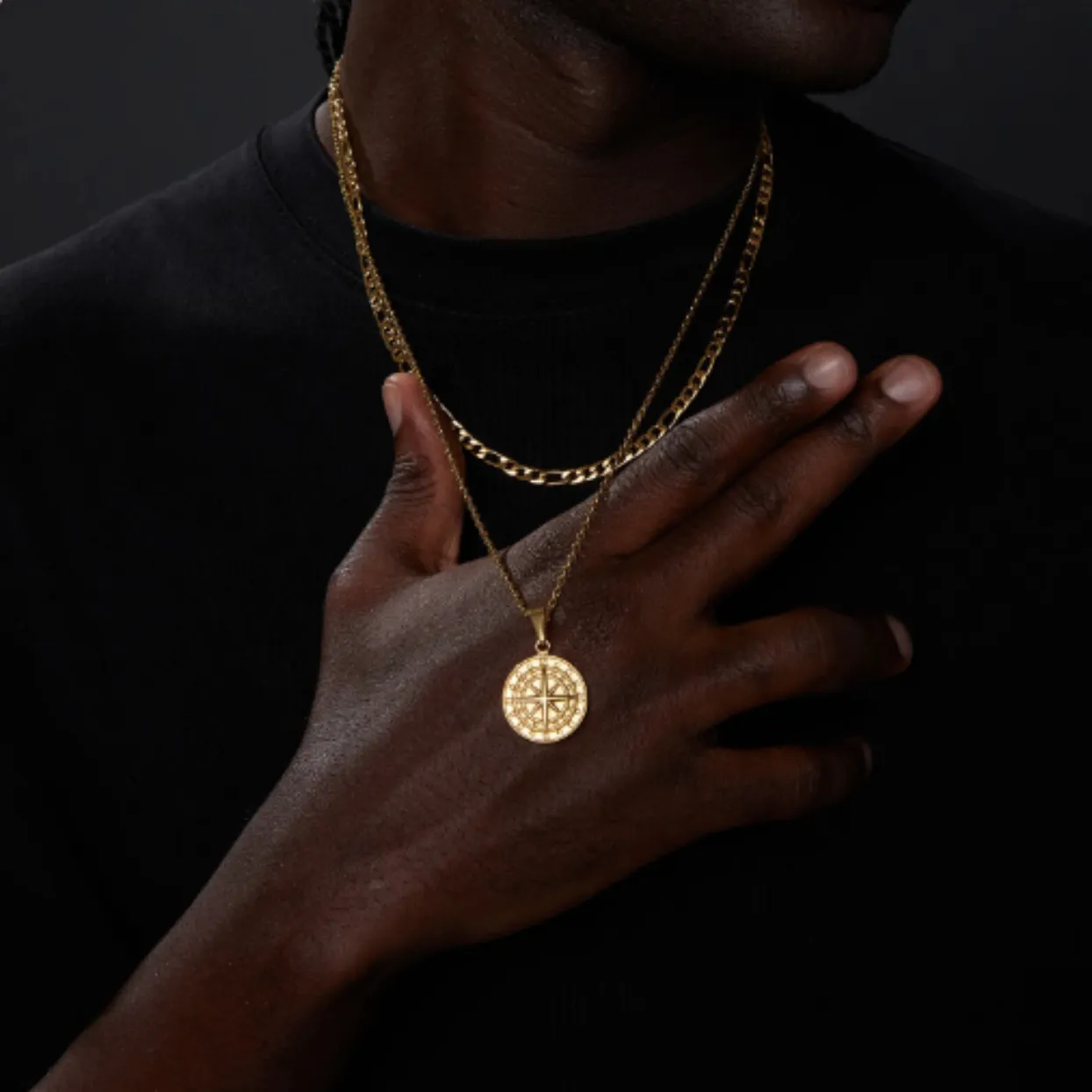 GOLD 18K COMPASS  - MEN'S WATERPROOF FIGARO DOUBLE CHAIN NECKLACE