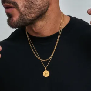 GOLD 18K COMPASS  - MEN'S WATERPROOF FIGARO DOUBLE CHAIN NECKLACE
