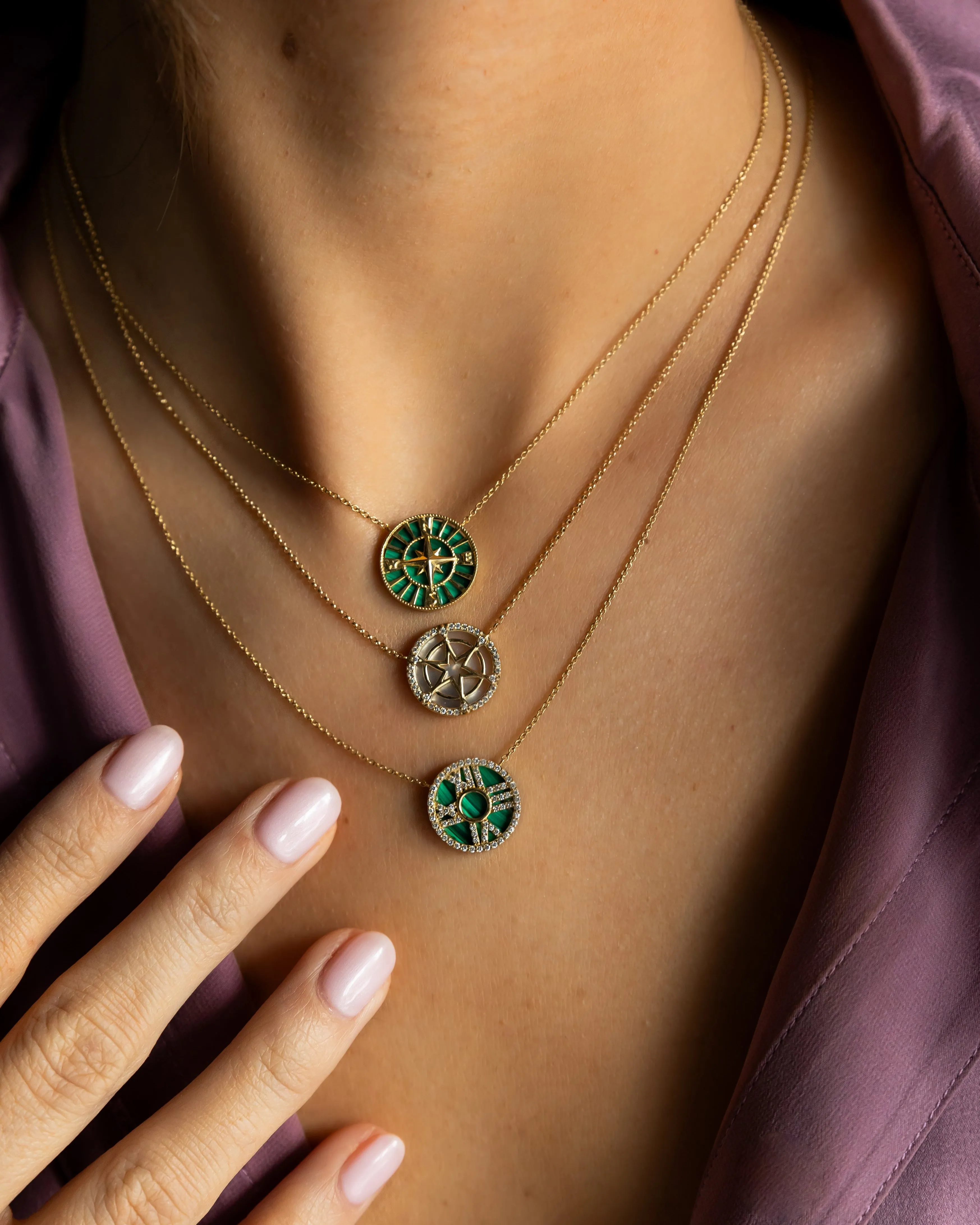 Gold Compass with Malachite Inlay Pendant