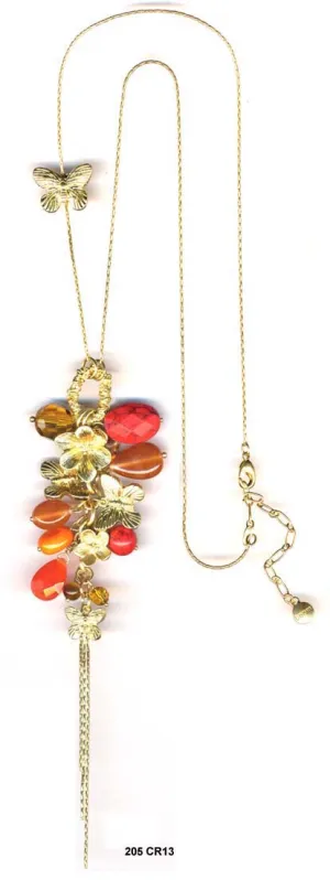 GOLD FLOWER AND BUTTERFLY CHARM CORAL NECKLACES #205CR1301 (3C1)