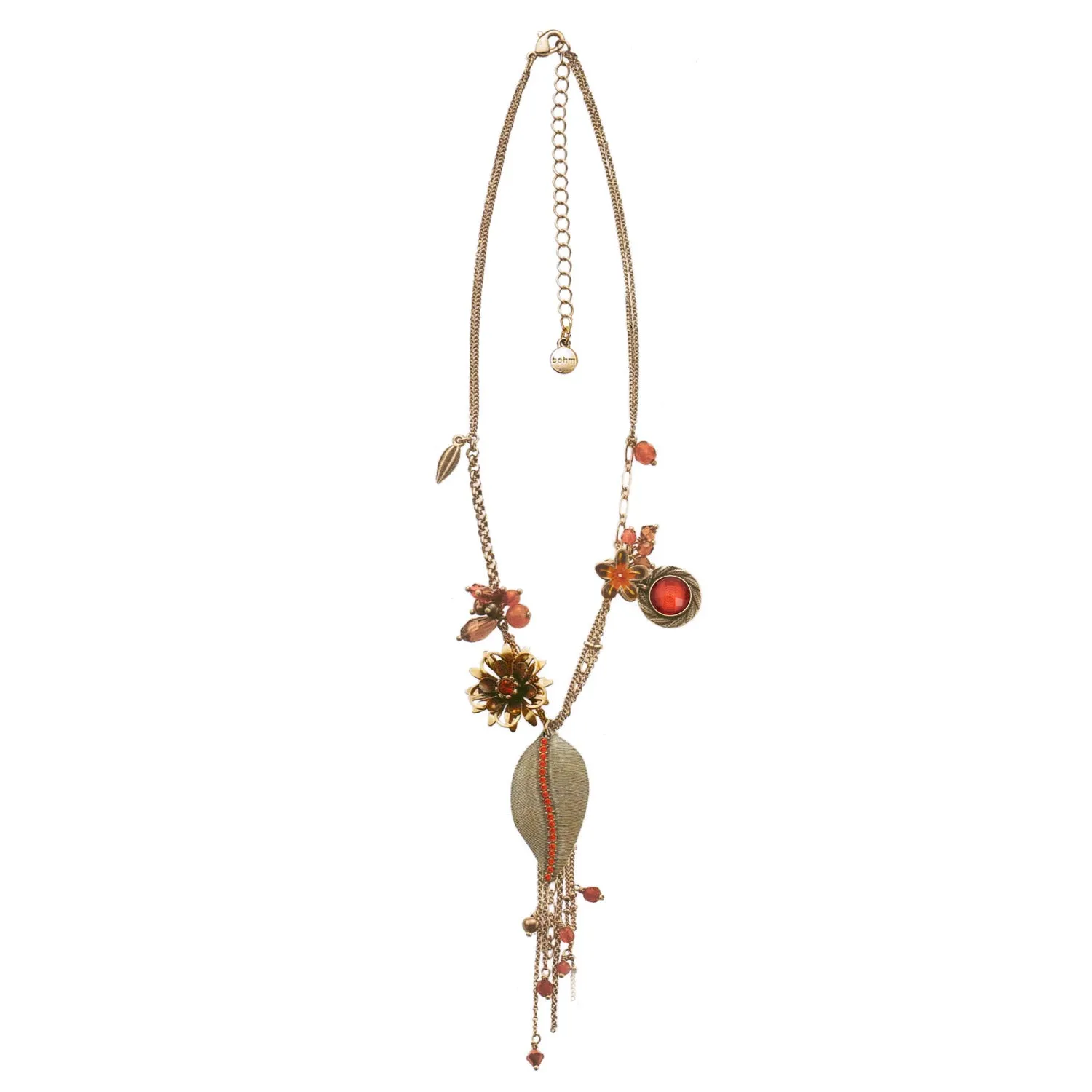 GOLD FLOWER AND LEAVES RED CRYSTAL TASSEL  NECKLACES #194RD1301 (4A4)