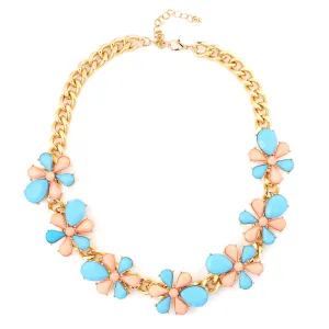 GOLD-MULTI BLUE AND PEACH FLOWER CHAIN NECKLACE  #FW1404608 (LD10/SHOWROOM)
