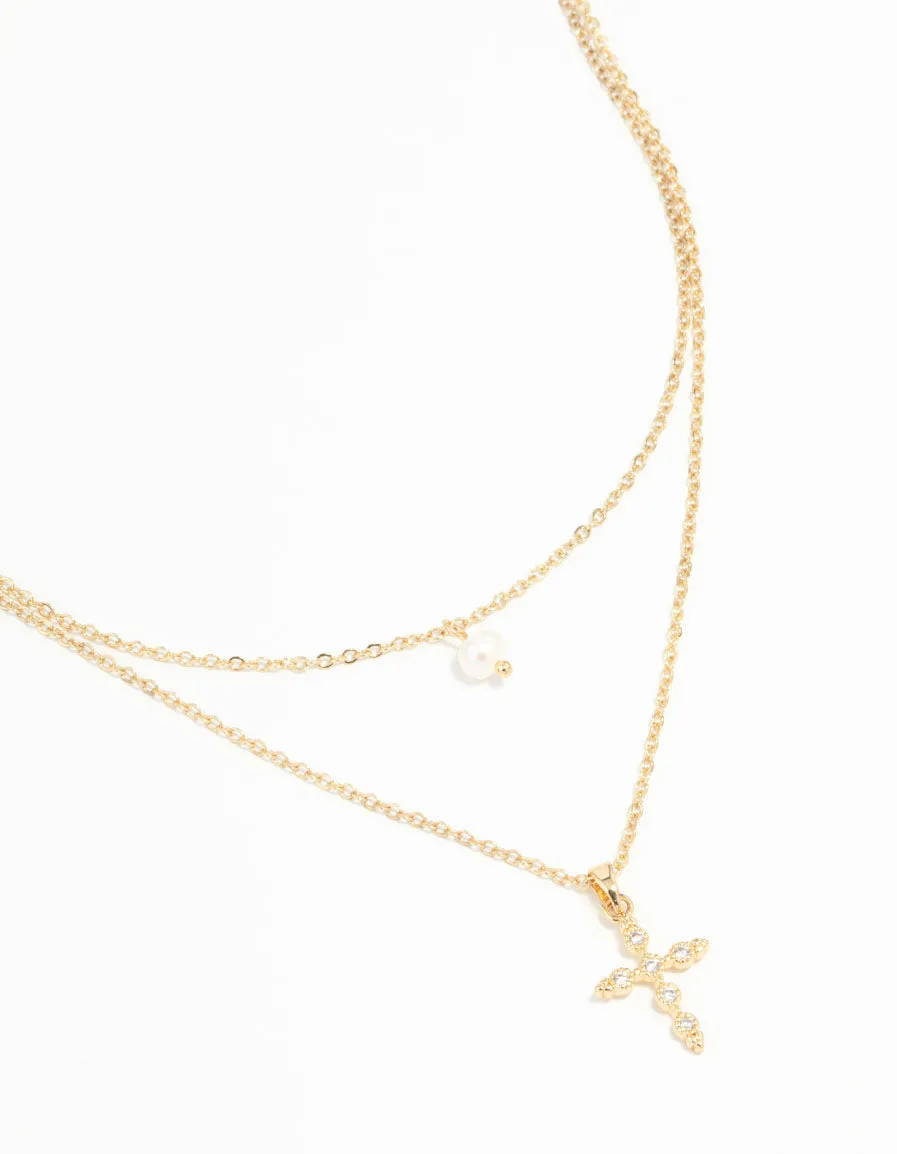 Gold Plated Pearl Diamante Cross Necklaces 2-Pack