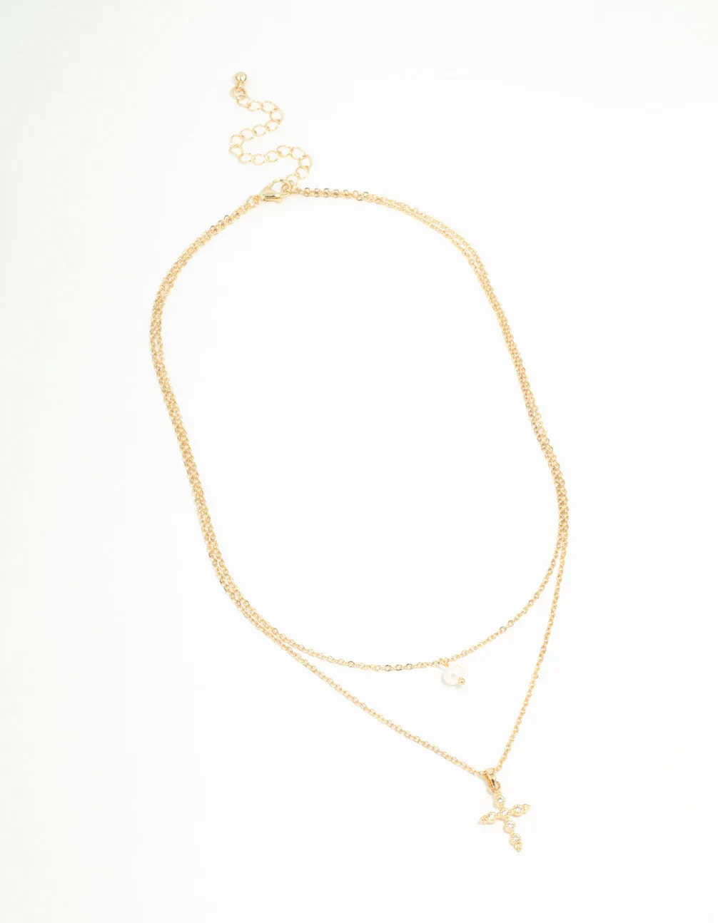 Gold Plated Pearl Diamante Cross Necklaces 2-Pack