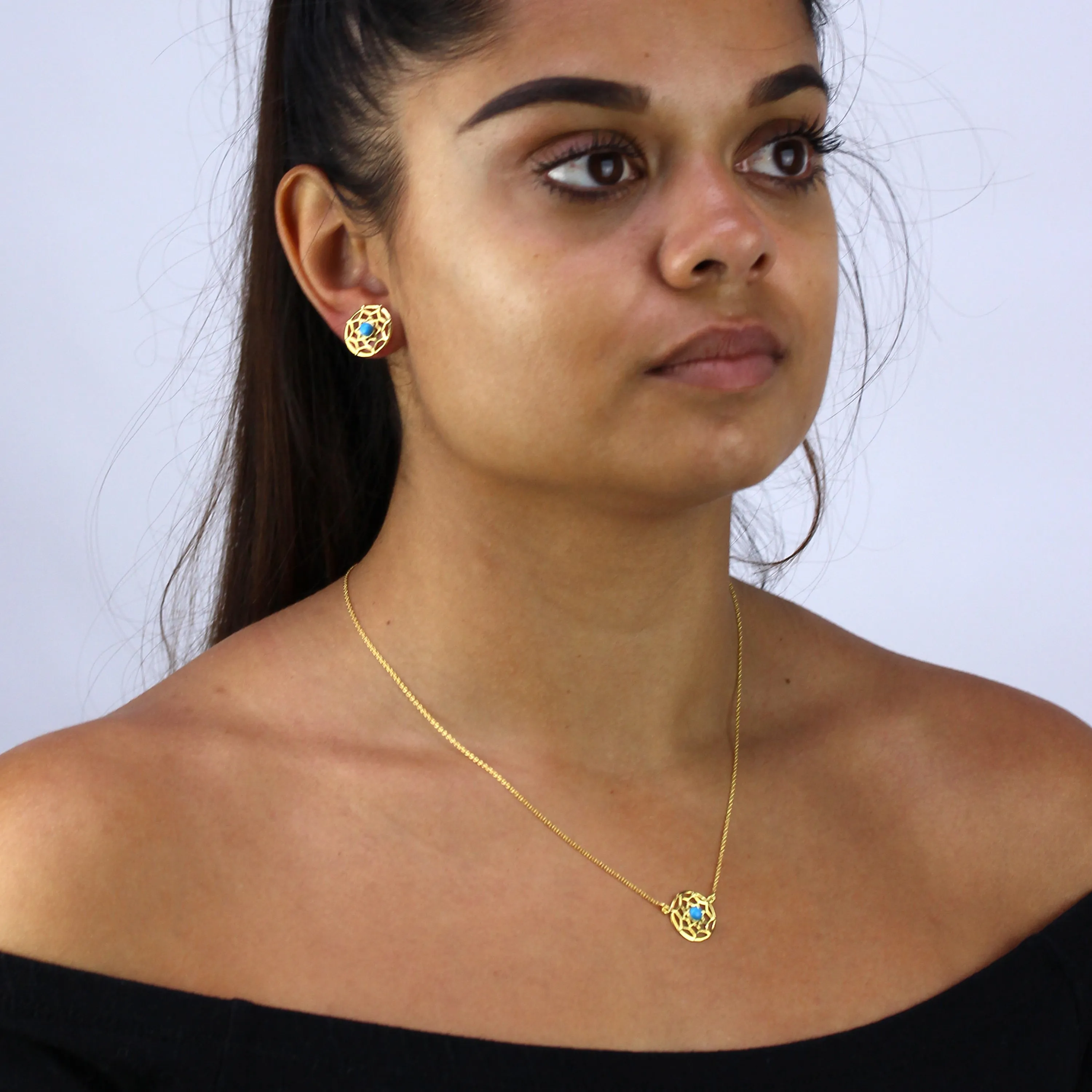 Gold Plated Sterling Silver & Blue Enamel Dreamcatcher Earrings
