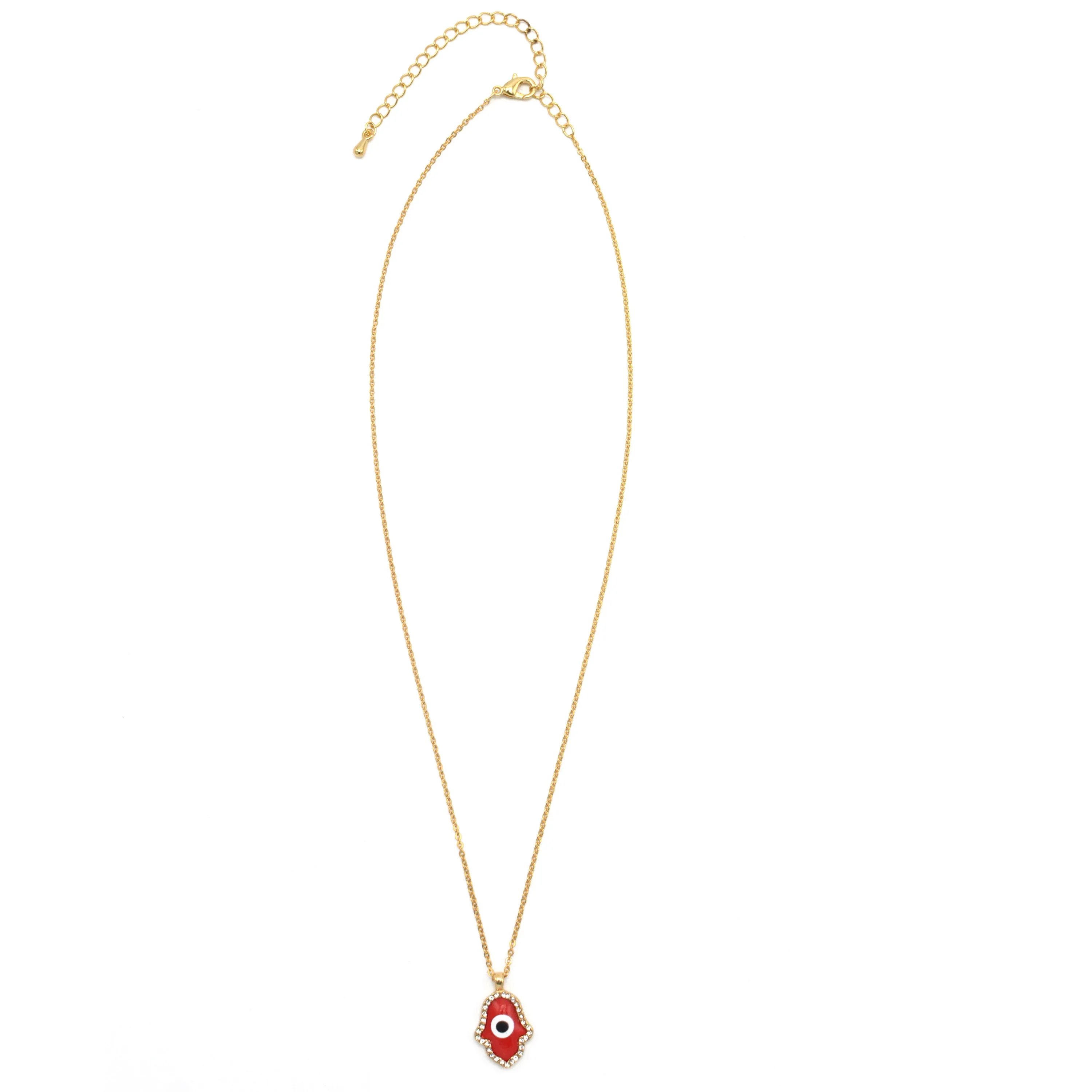 GOLD RED HAMSA HAND PENDANT SHORT NECKLACE # HNN90662GD(LF16)