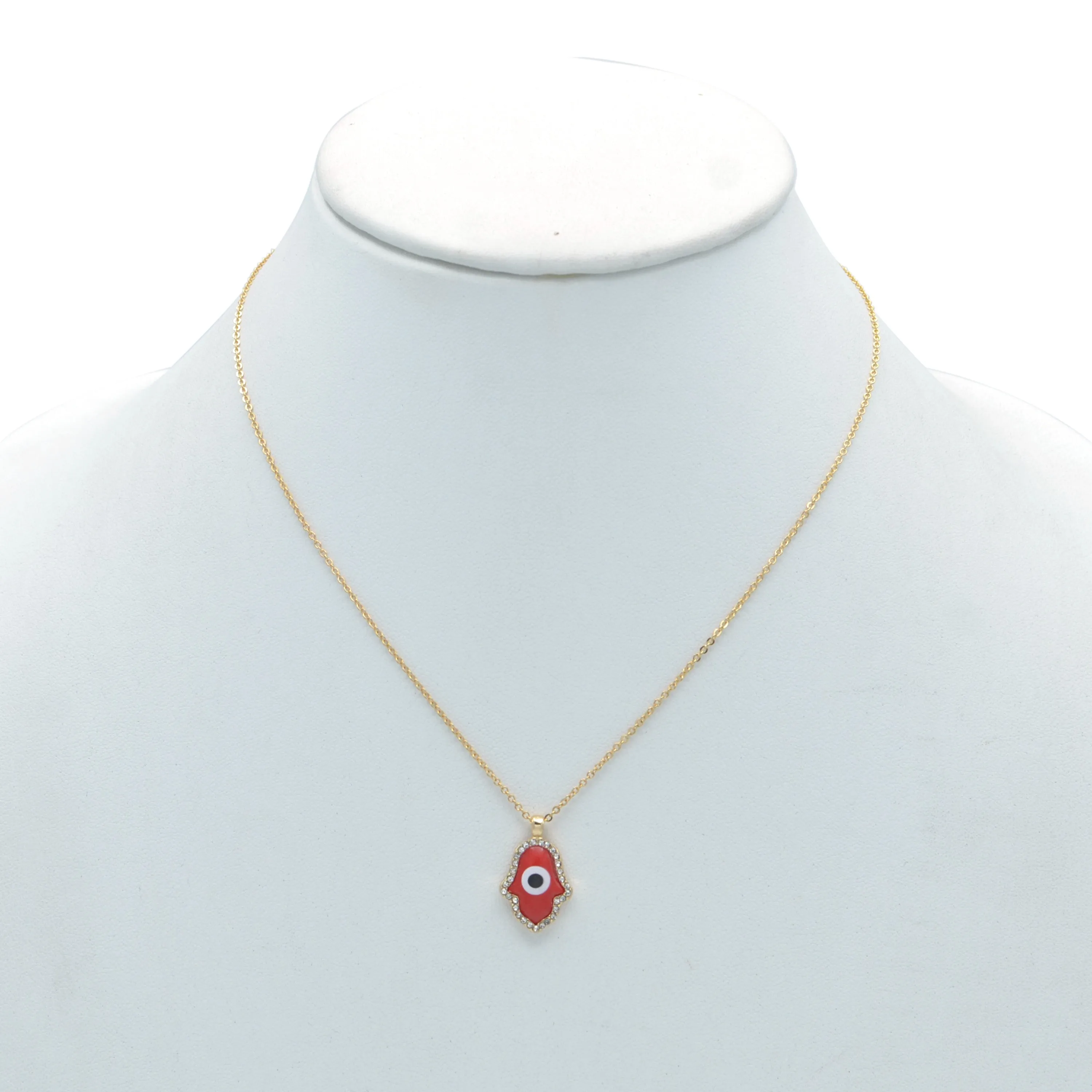 GOLD RED HAMSA HAND PENDANT SHORT NECKLACE # HNN90662GD(LF16)