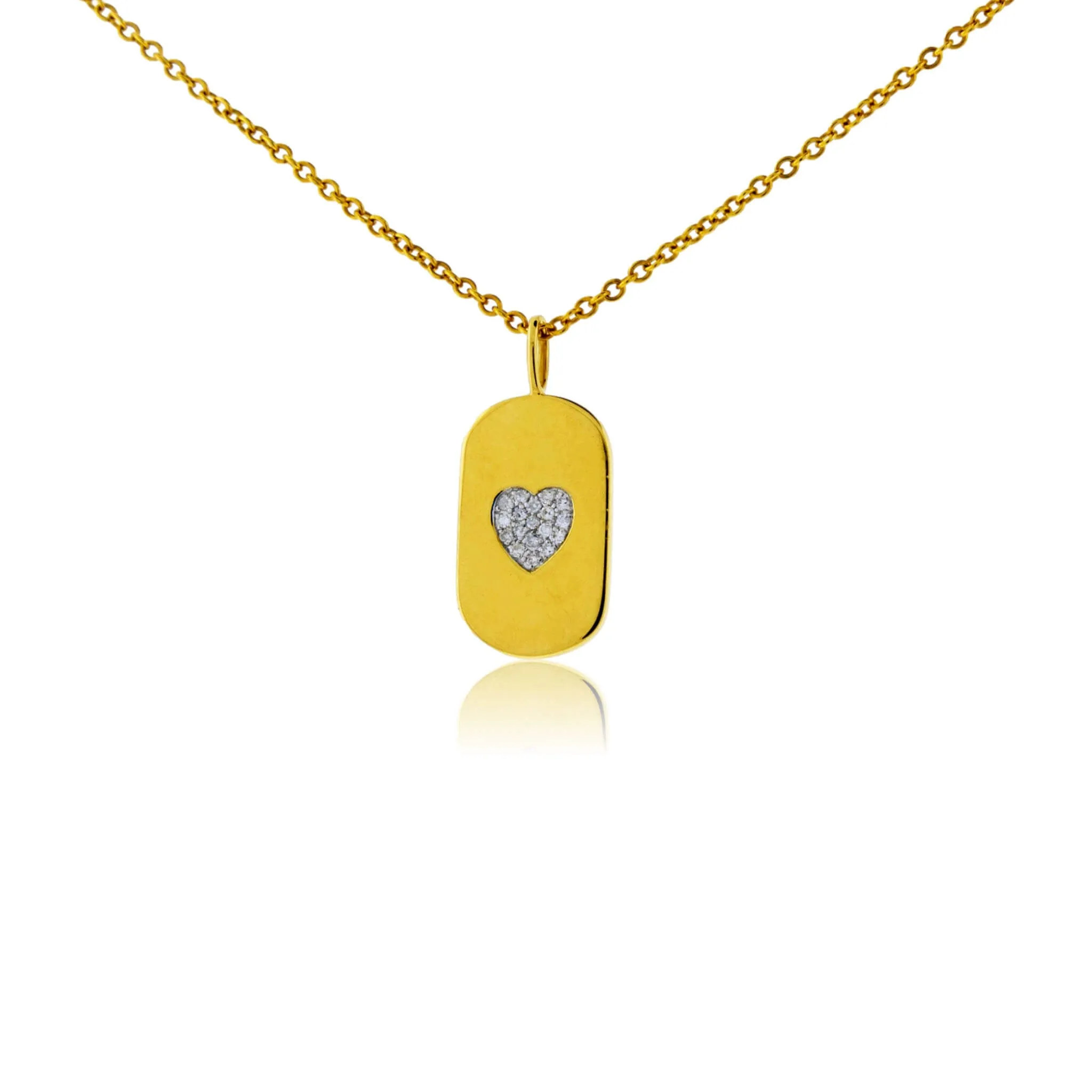 Gold Satin Finish Flush Set Diamond Heart Dog Tag Necklace