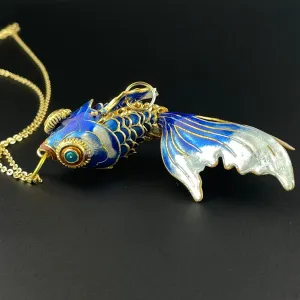 Gold Vermeil Blue Enamel Articulated Koi Fish Pendant Necklace