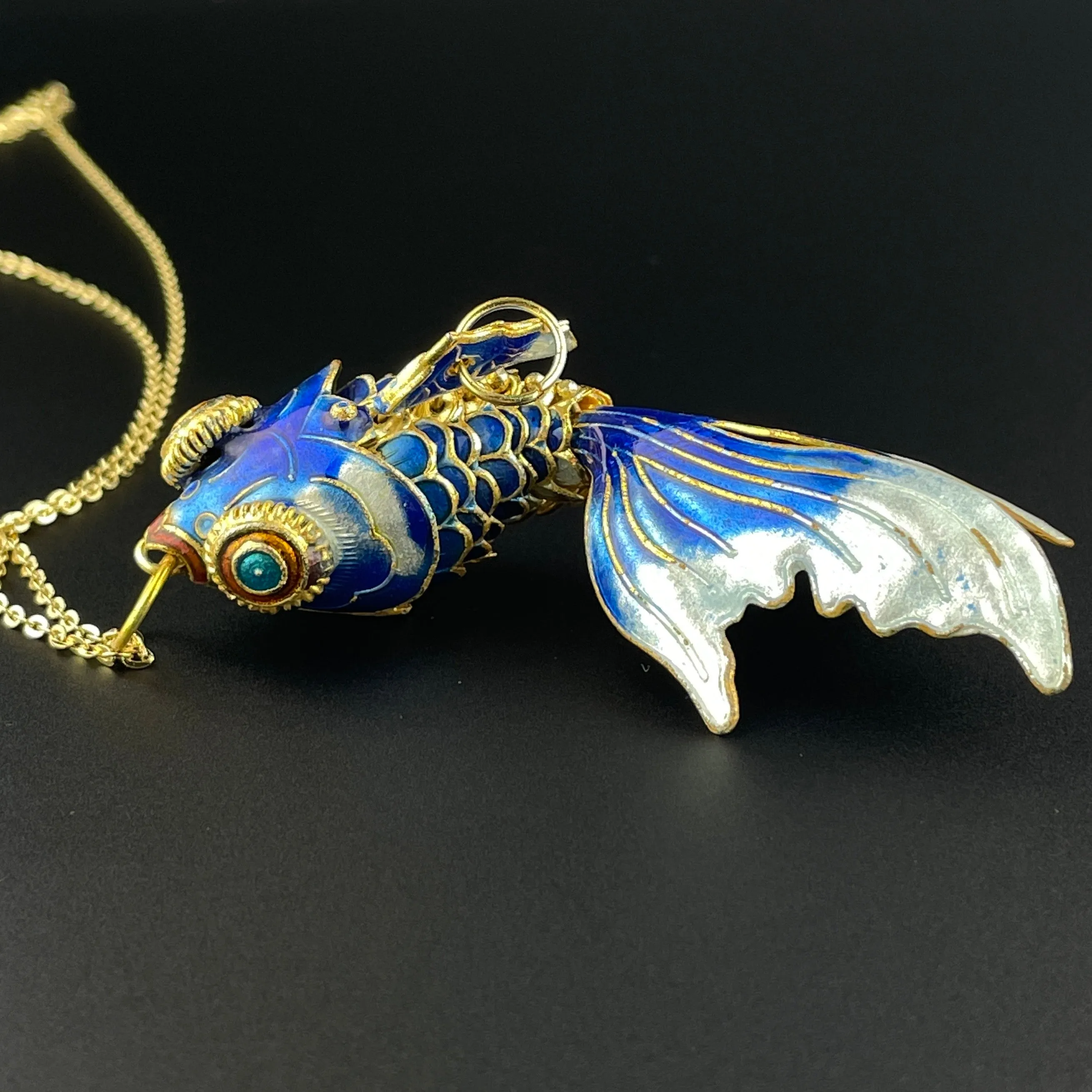 Gold Vermeil Blue Enamel Articulated Koi Fish Pendant Necklace
