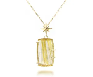 Golden Rutilated Quartz Small Rectangular Gold Necklace
