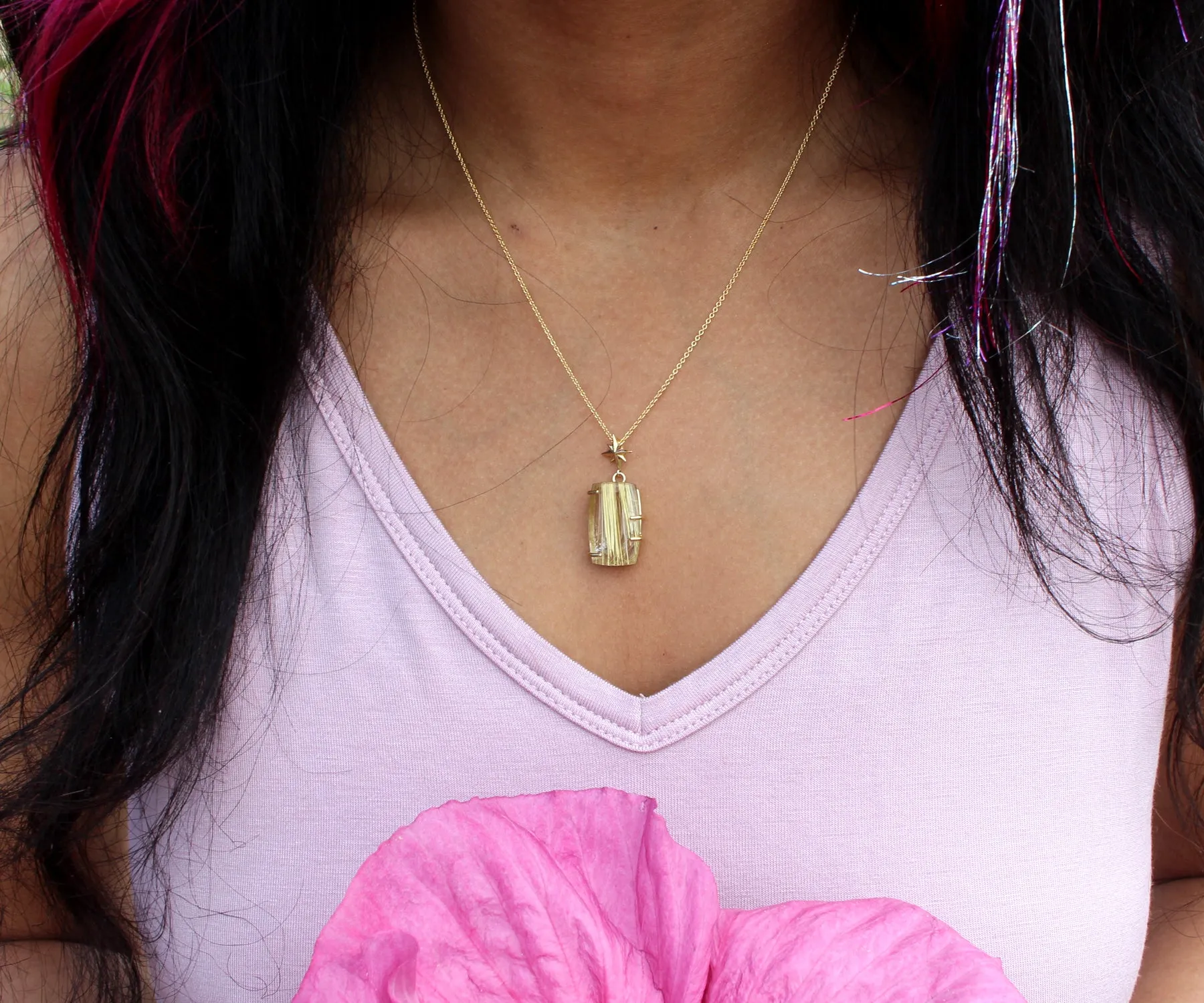 Golden Rutilated Quartz Small Rectangular Gold Necklace