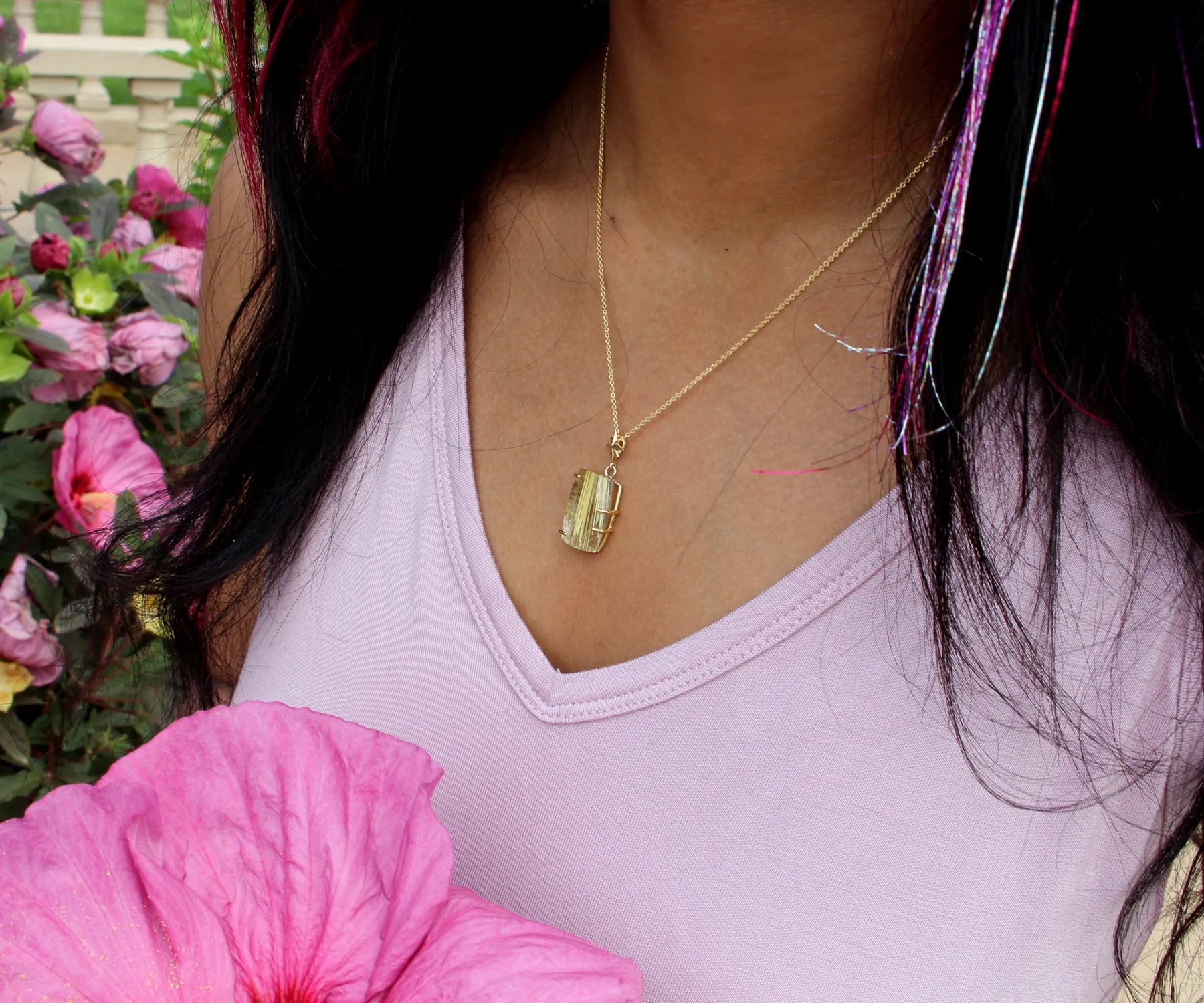 Golden Rutilated Quartz Small Rectangular Gold Necklace