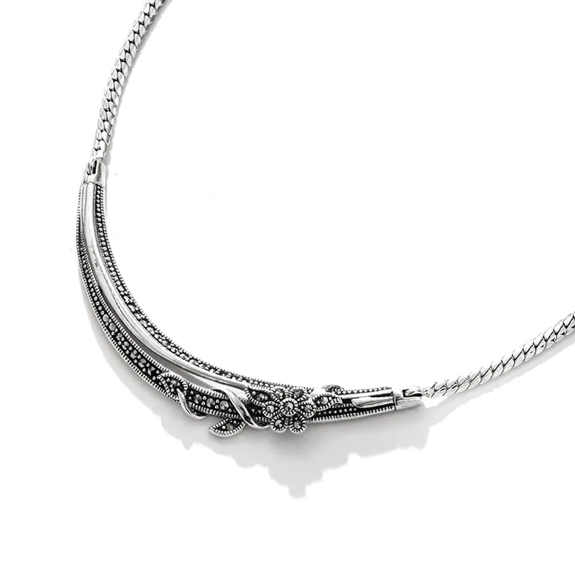 Gorgeous Delicate Floral Marcasite Sterling Silver Statement Flower Necklace