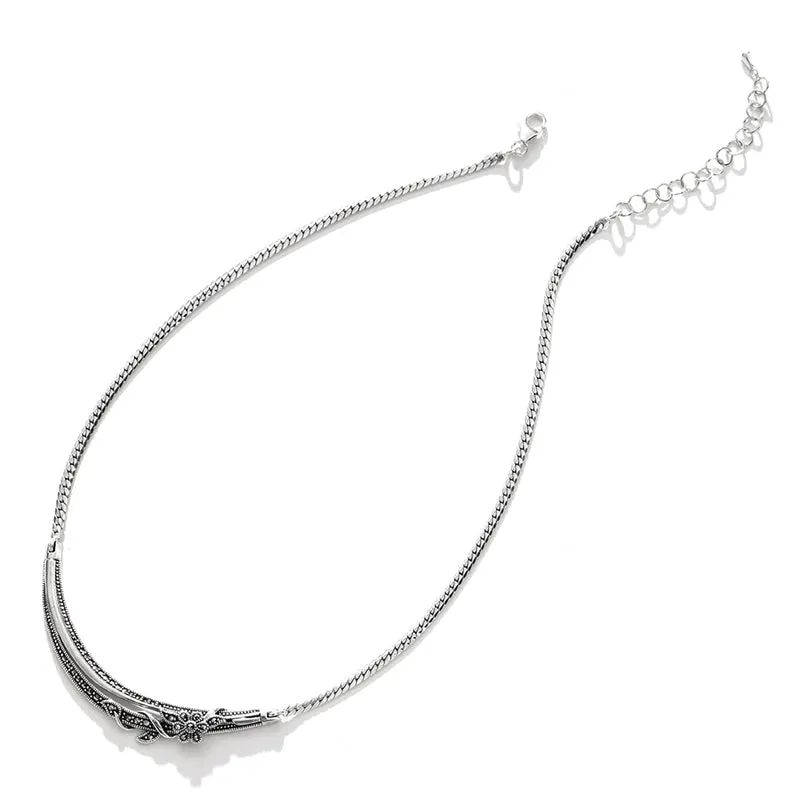 Gorgeous Delicate Floral Marcasite Sterling Silver Statement Flower Necklace